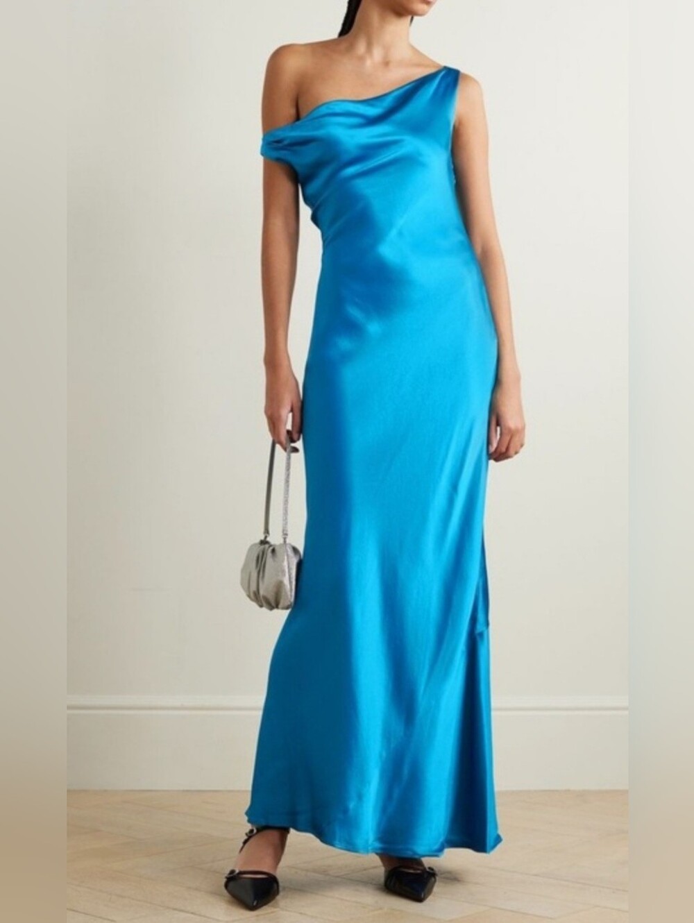 Staud Ashanti One Shoulder Draped Gown Satin Electric Blue XS